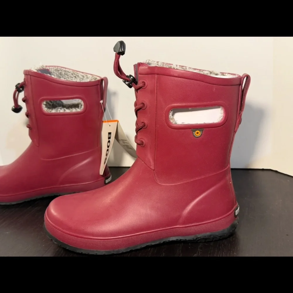 Bogs Amanda Plush II Lace Waterproof Rain Boots Cranberry Youth US 7/EU 40